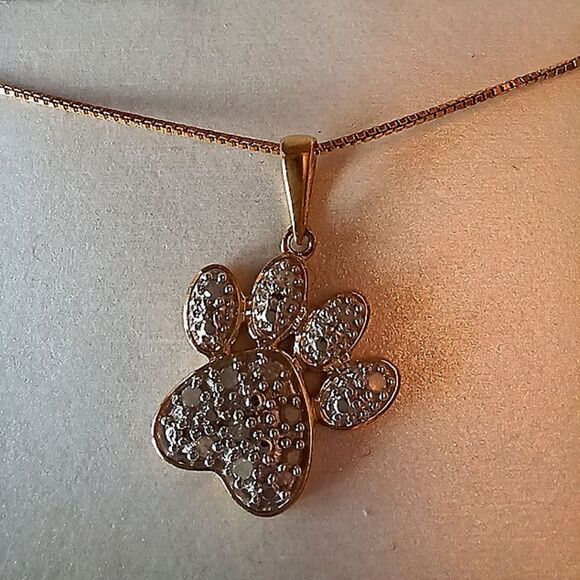 Diamond Pet Paw Gold plated Sterling Silver Necklace NWT - Picture 3 of 9